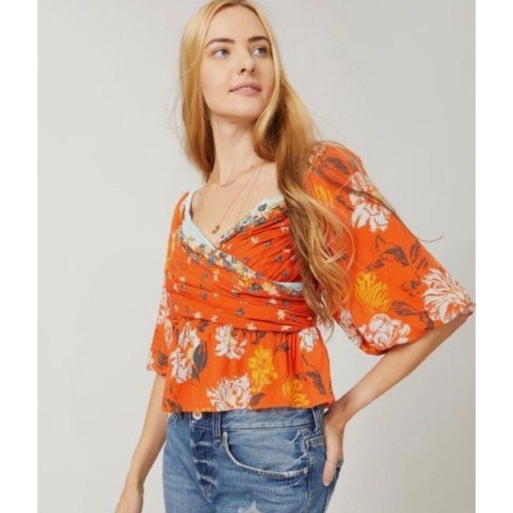 Free People Mirabella Orange Floral Puff Sleeve Peplum Blouse Size S MSRP $108
